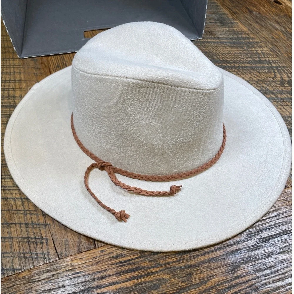 Cream Faux Suede Wide Brim Fedora Hat with Braided Band Cowgirl One‎ Size